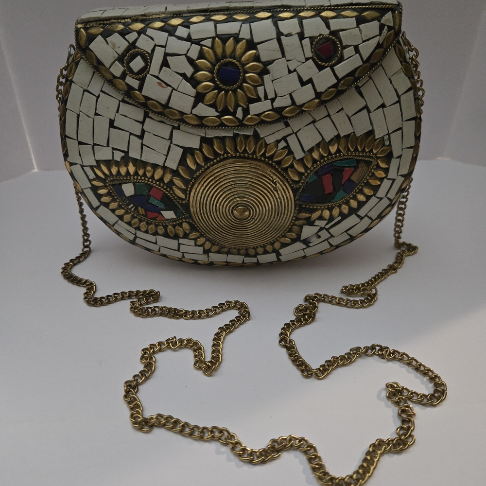 Vintage Mosaic Tile Patterned White and Gold Women's Bag